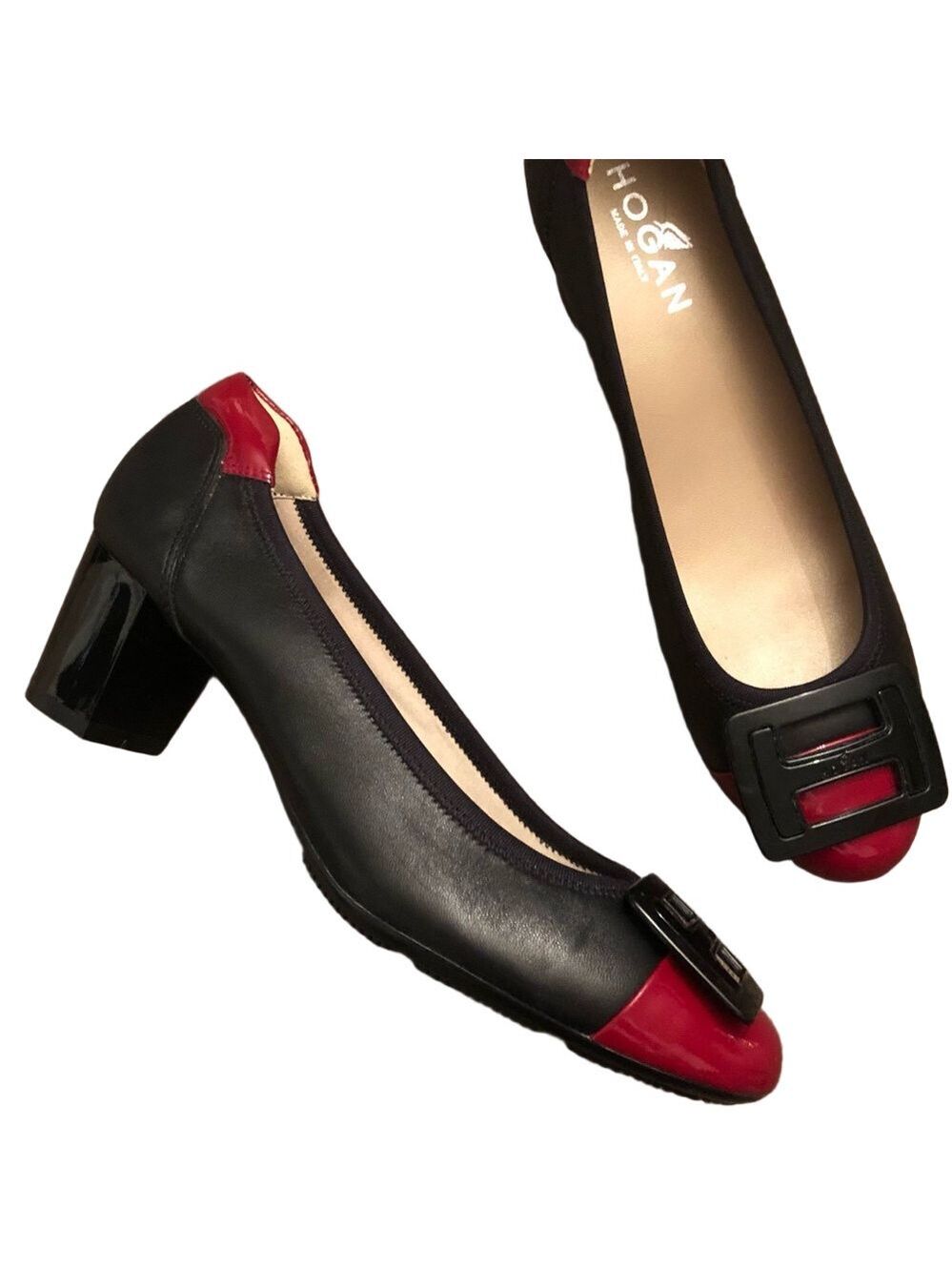 Hogan Block Heel Pumps Black with Red Cap Toe Leather and Patent 2" heel size 38